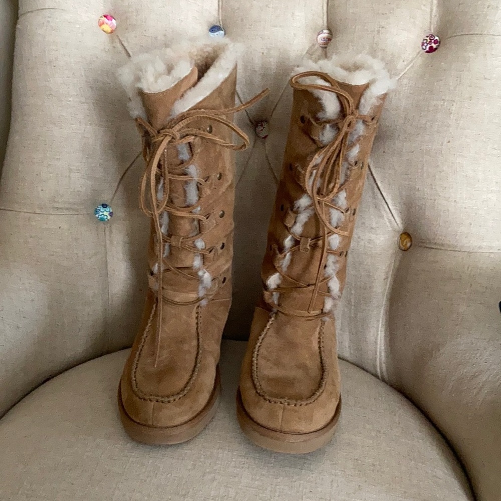 Ugg Whitley suede lace up shearling lined boots, camel
